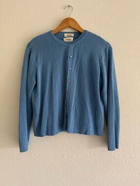 Talbots Dusty Blue Dot-Textured Crewneck Cardigan